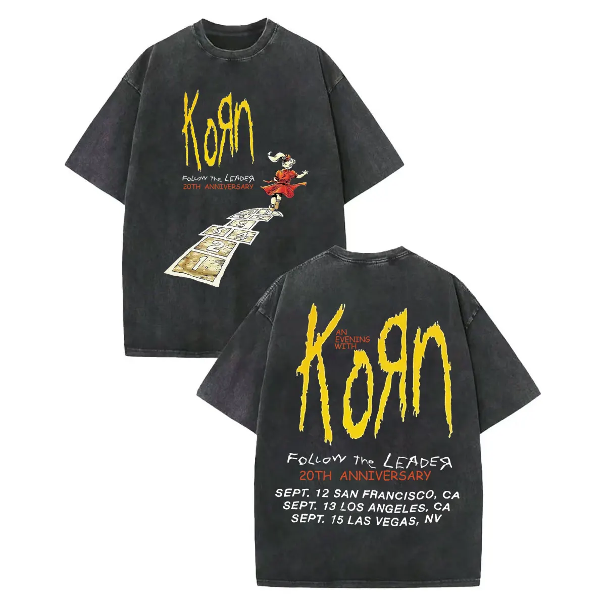 

Limited Korn Bands Follow The Leader 20Th Anniversary Merch T Shirt Rock Fashion Retro Washed T-shirt Men Women Cotton T-shirts