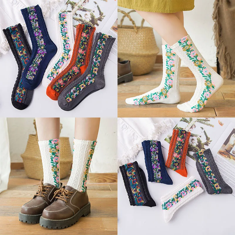 5 Pairs Woman Socks Floral Pure Cotton Flower Embroidery Medium Tube Socks Cute Fashion Retro College Lovely Kawaii Socks