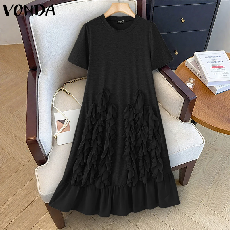 VONDA Damska Długa Sukienka Koszulowa 2025 Letnia Plisowana Sukienka Midi w Jednolitym Kolorze Krótki Rękaw Okrągły Dekolt Luźna Codzienna Sukienka na Imprezę Vestidos