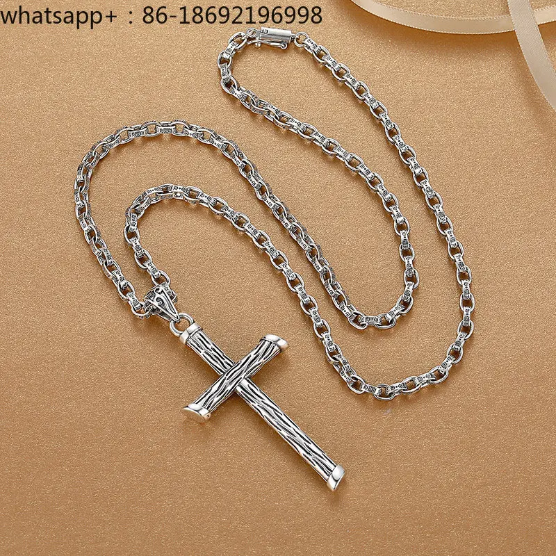Cross Necklace Men's Sterling Silver Hanging Personality Trendy Men's Handcrafted Tree Pattern Silver Pendant