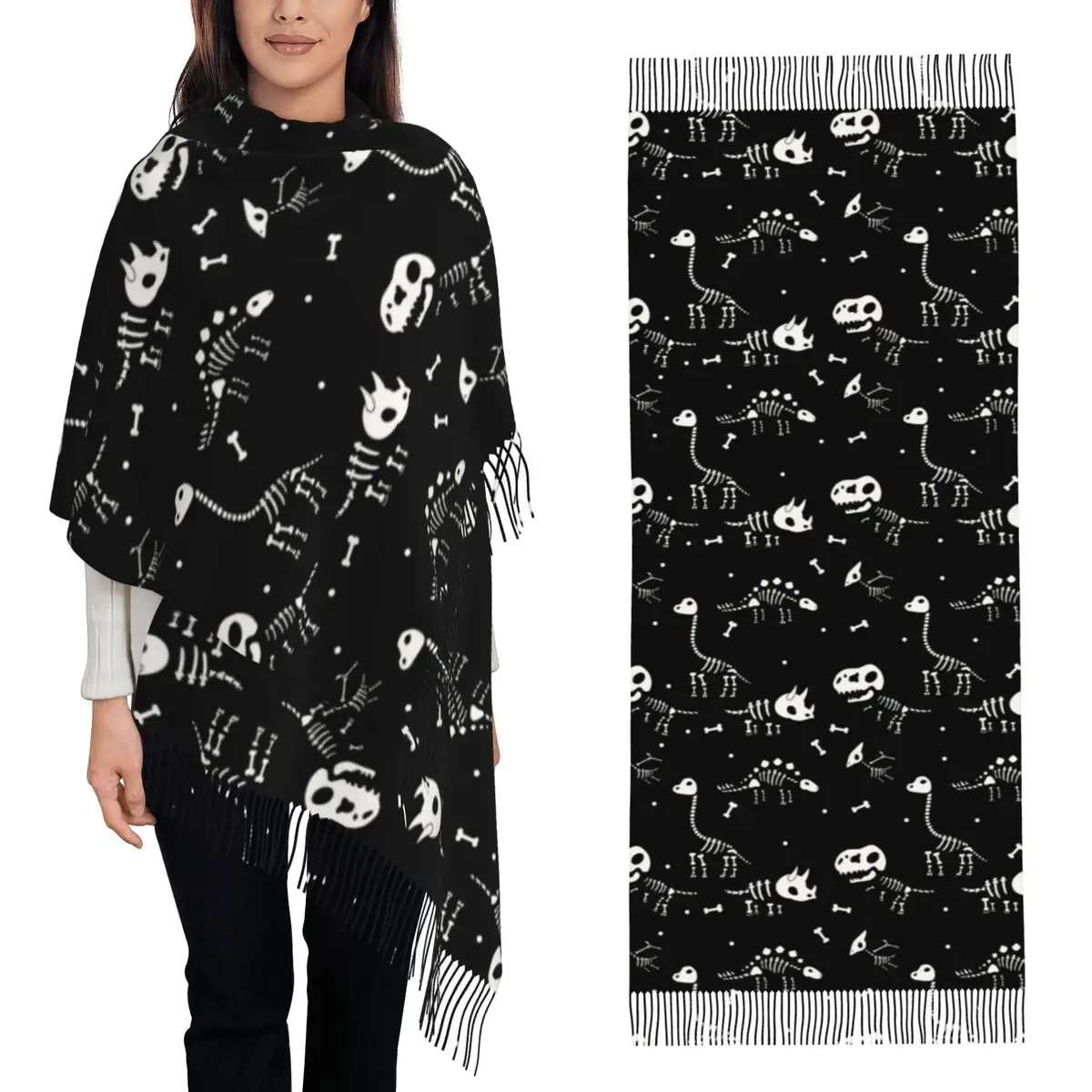 Halloween Dinosaur Fossils Pattern Scarf Tassel Scarves Women Soft Warm Shawls and Wraps Large Fall Winter Shawl Wrap