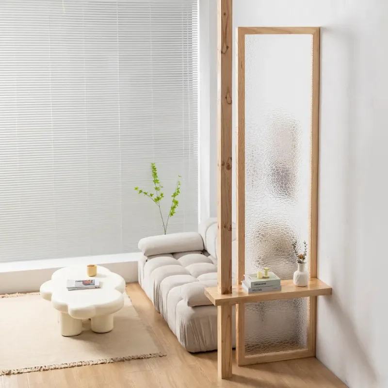 Japanese Style Solid Wood Water Ripple Glass Screen Partition Modern Simple Living Room Entrance Decor for Home and Hotel