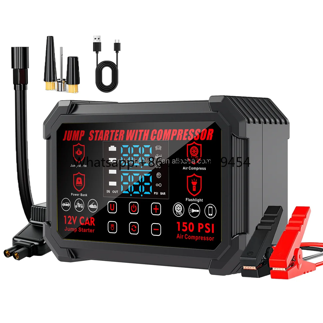 

2024 3000A Peak Current Car Jump Starter Air Compressor 12V High Power Battery Charger Spark Proof Power Bank 22200mAh Digital