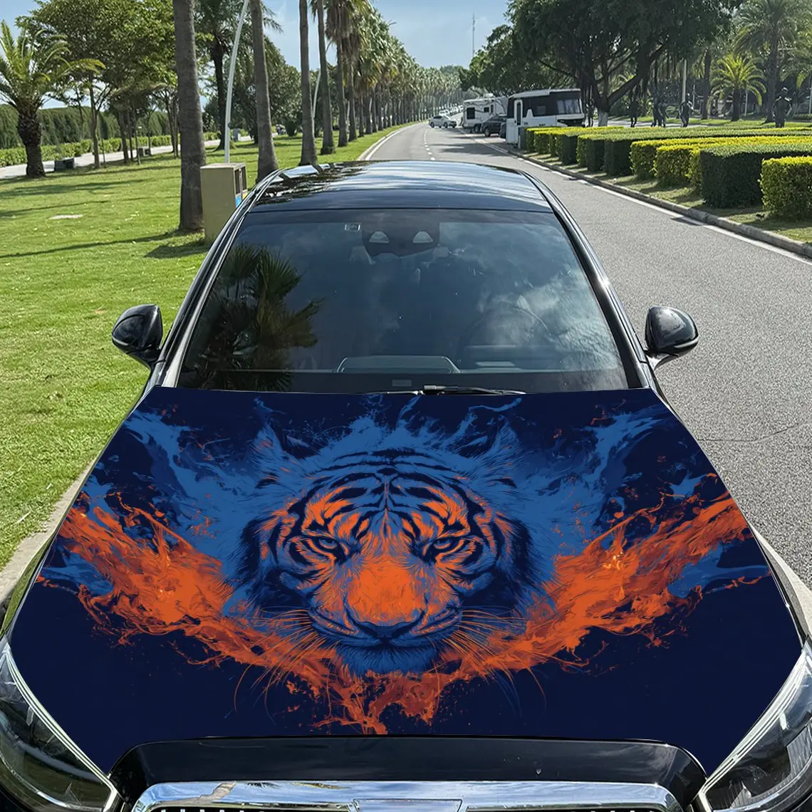 

Orange - Stripe Tiger and Blue Flames Car Vinyl Wrap, PVC Material Waterproof Car Hood Sticker, Self-Adhesive Scratch-Resistant