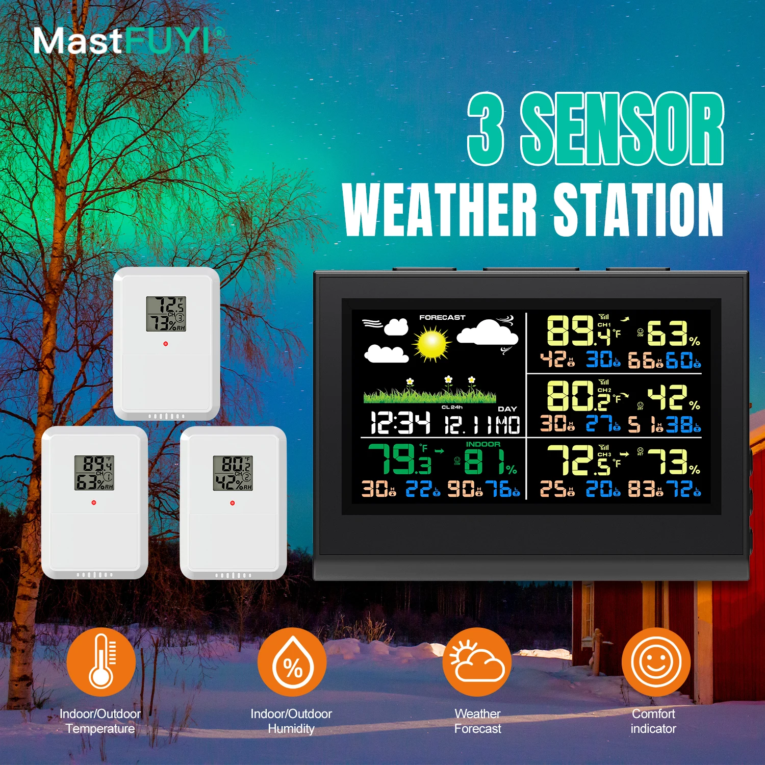 MASTFUYI 3-Sensor-Wetterstation 5-Zoll-HD-Farbdisplay Desktop-Uhr Wettervorhersage