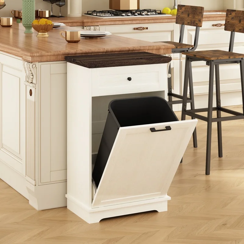 

10 Gallon Tilt-Out Trash Cabinet with Drawer, Freestanding Wood Garbage Bin for Kitchen or Living Room, Antique White Finish, Pet-Proof Storage Cabinet (No Trash Can Included)