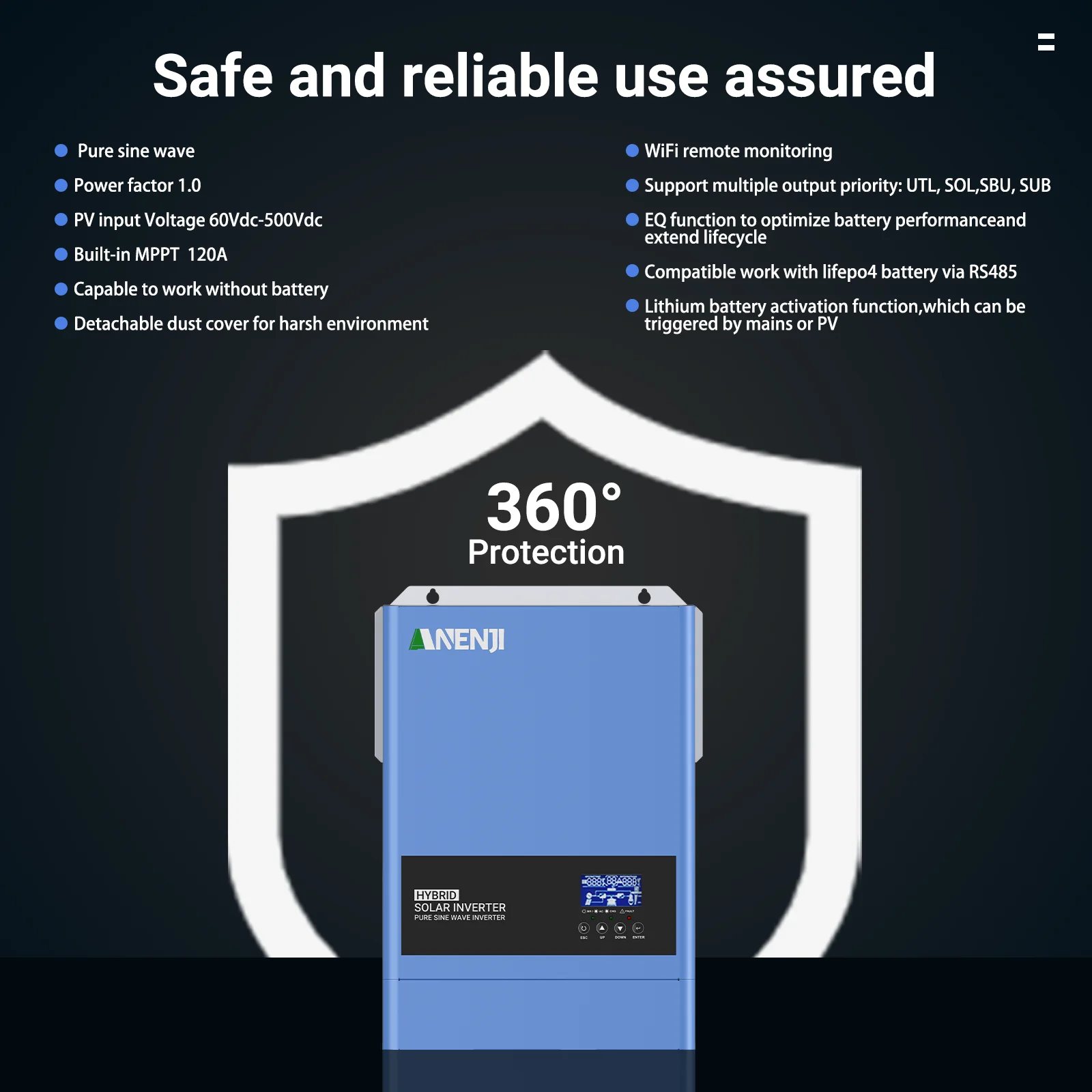 6.2KW Solar Hybrid Inverter 48V Solar Inverter On-grid 220Vac Built-in WIFI & 120A MPPT Solar Charge Controller For PV 500Vdc