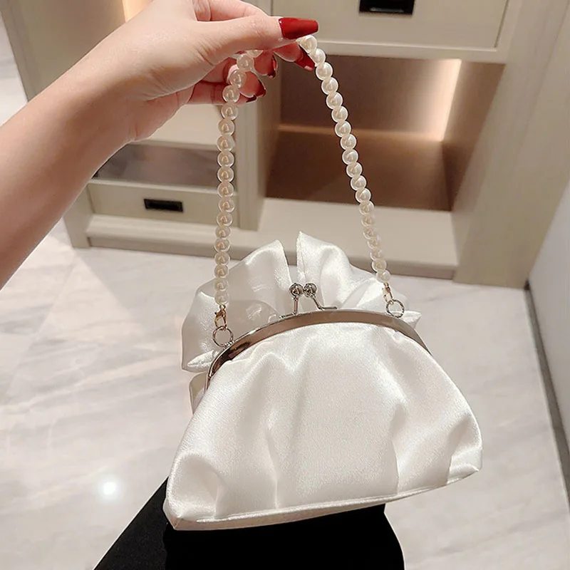 Korean White Satin Bow Fairy Handbags Clutch For Women Fashion Pearl Beaded Chain Handbag Evening Bags Prom Party Shoulder Bags