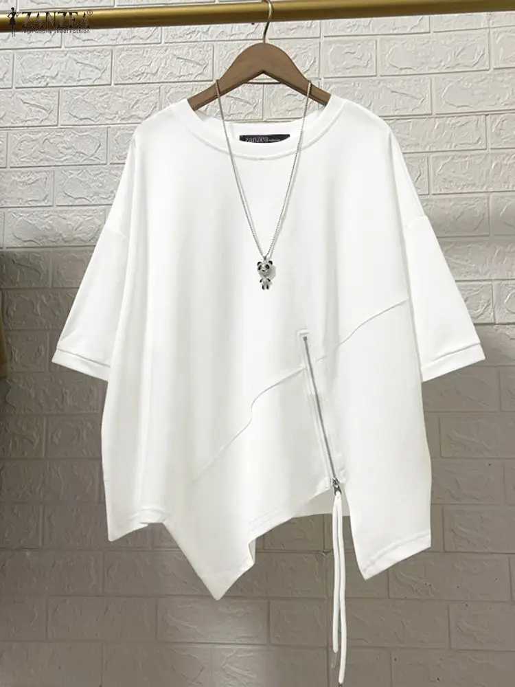 

ZANZEA модные шикарные женские футболки оверсайз с коротким рукавом с диагональными швами, асимметричный подол, однотонные топы на молнии, 230 г