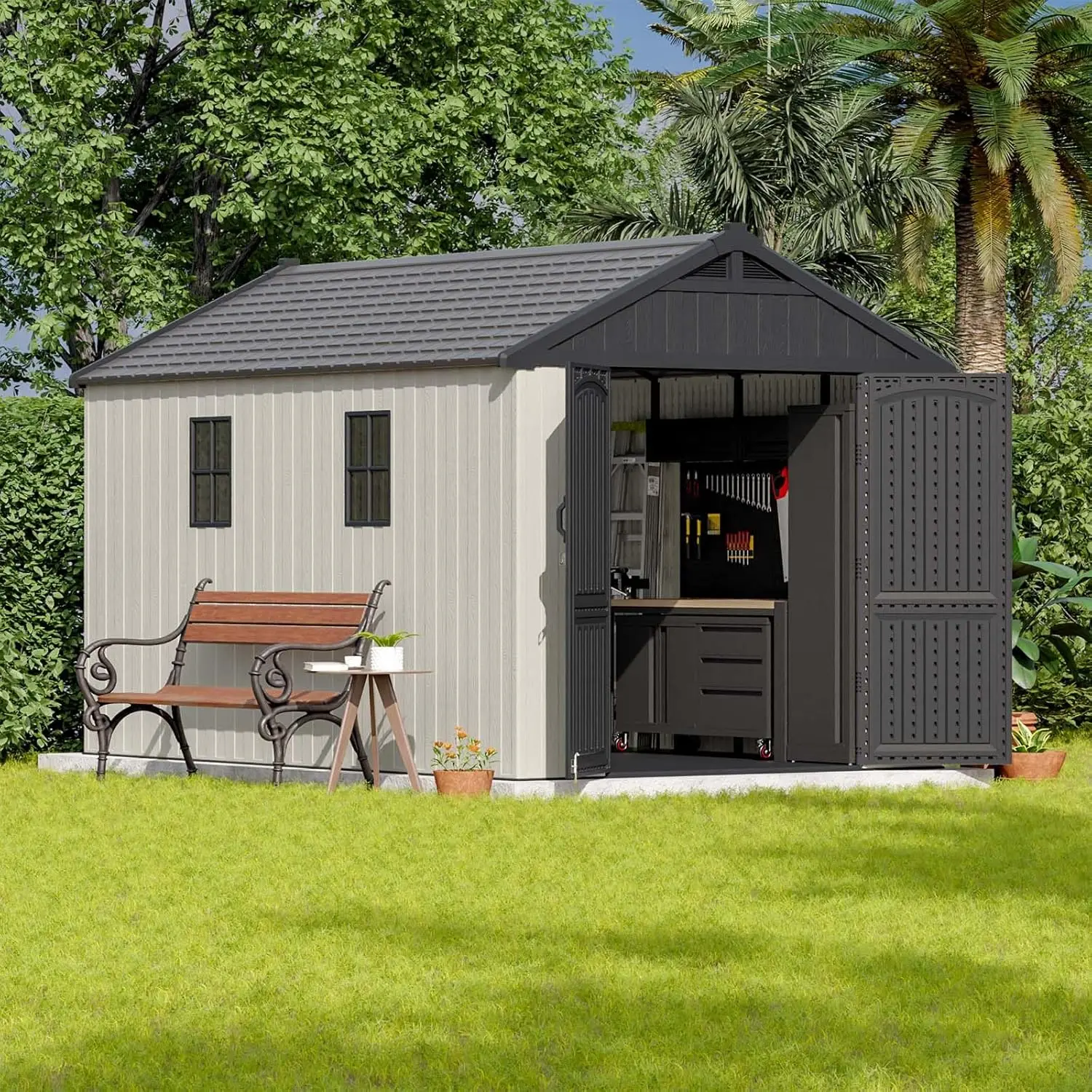 8 x 12 FT Plastic Outdoor Storage Shed with Floor Resin Shed with Window and Lockable Door for Garden Backyard