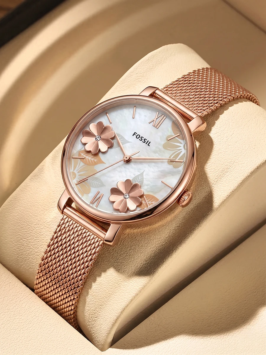 Reloj de pulsera de cuarzo con correa de malla de acero inoxidable para Mujer, reloj de pulsera de cuarzo con correa de malla de acero inoxidable, color oro rosa, de lujo, Fossil ES4534