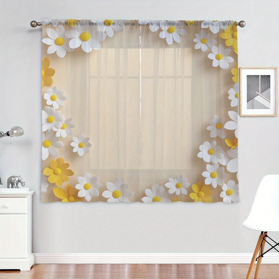 2PCS Digital Printed Sheer Curtain, Honey Yellow Daisies Print, Warm Sunny Floral Meadow for Living Room Bedroom Home Decor