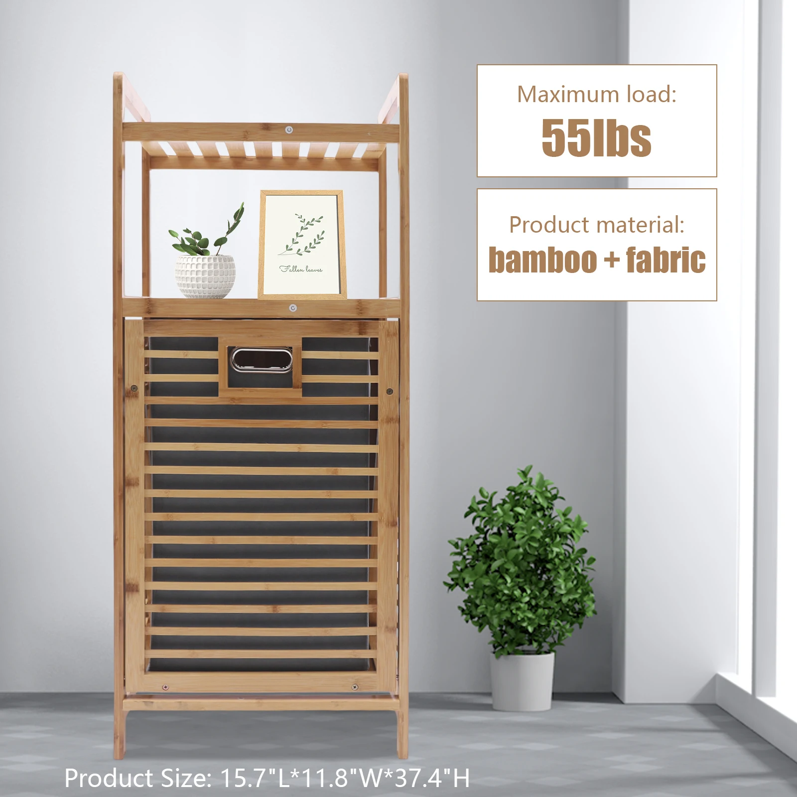 

Bamboo Bathroom Laundry Hamper Cabinet Tilt Out Basket Storage with 2-Tier Shelf Clothes Laundry Hamper Bamboo Basket