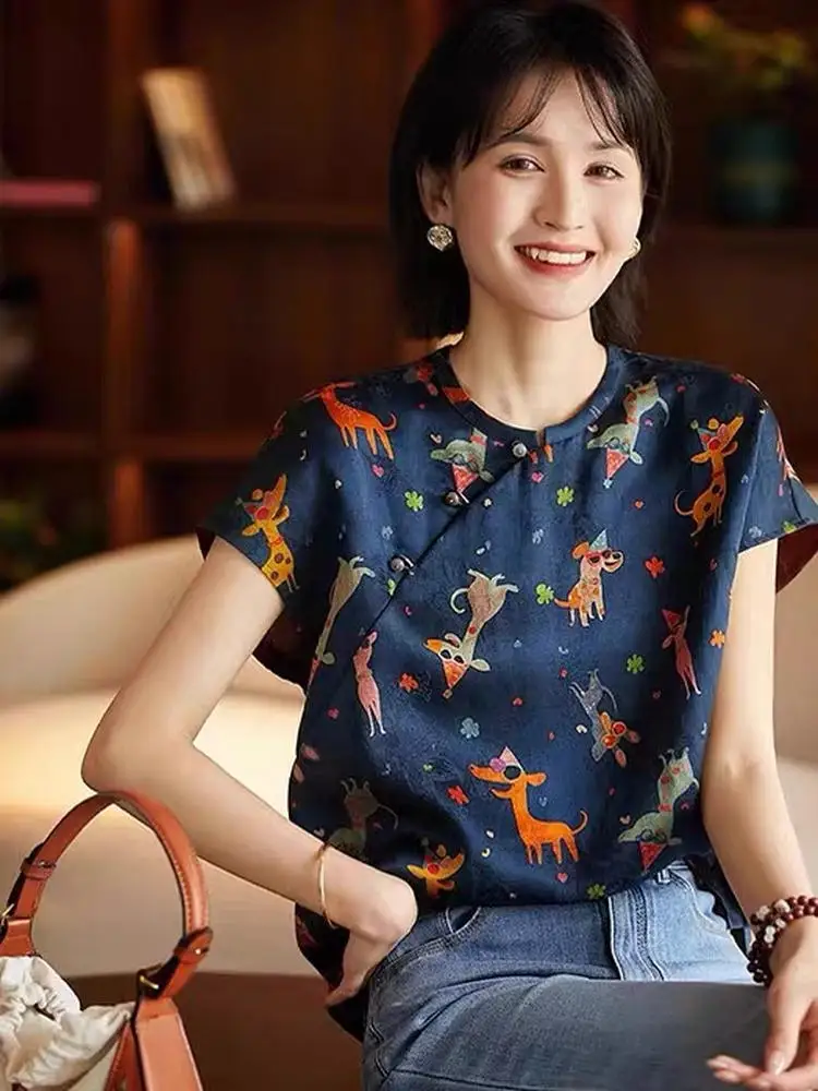 

Синий круглый жилет Ne Svel с мультяшным принтом и пуговицами, летний винтажный универсальный возрастной женский топ в китайском стиле