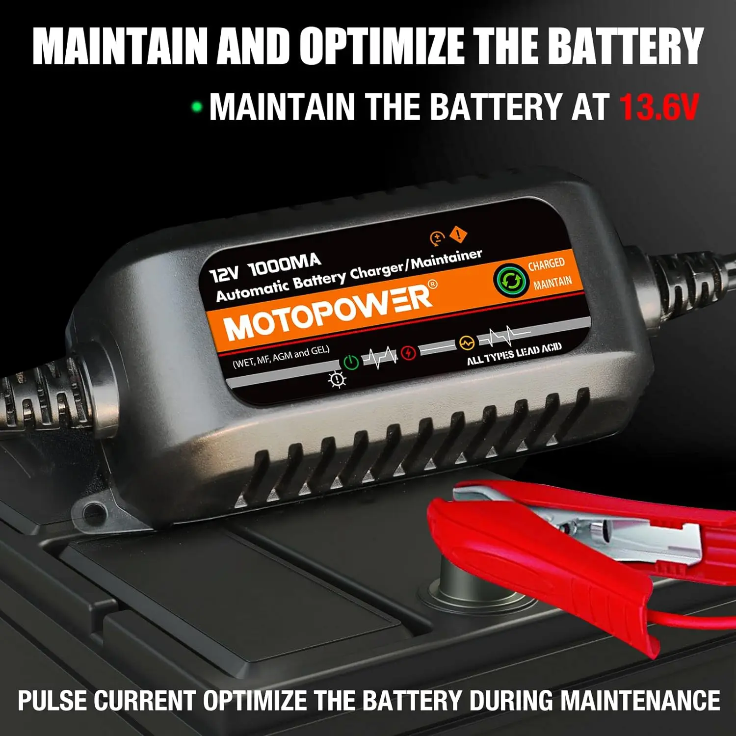 MOTOPOWER MP00205B-B 12V 1000mA Automatic Battery Charger, Battery Maintainer, Trickle Charger, and Battery Desulfator with Time