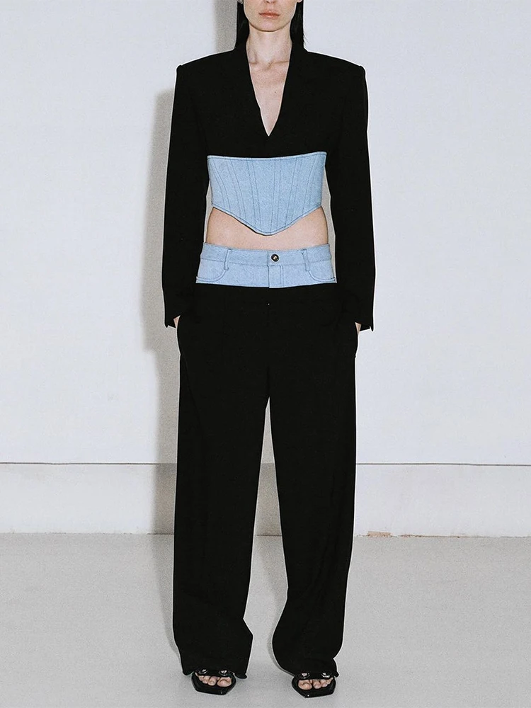 CHICEVER Patchwork Denim Colorblock Trousers For Women High Waist Spliced Pockets Autumn Casual Chic Wide Leg Pants Female New