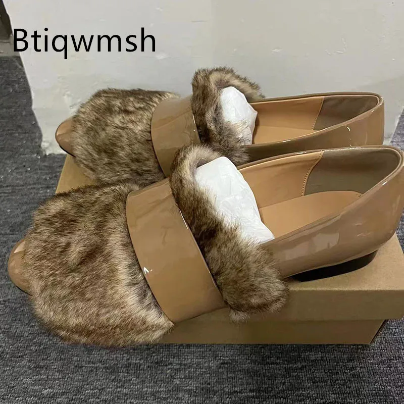

Fur Shoes Man Pointed Toe Shiny Leather Slip On Flats Male Fashion Party Shoes