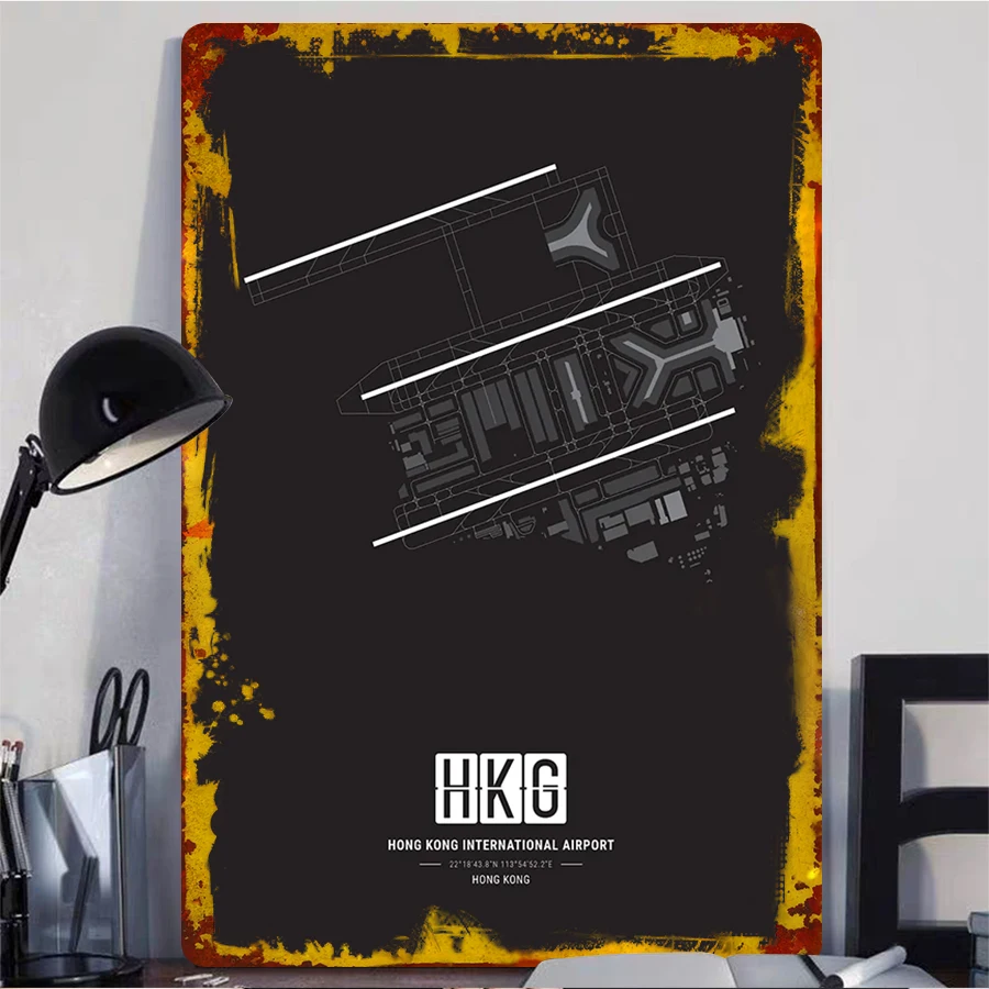 Hong Kong International Airport HKG Runway Map Metal Wall Art Modern Minimalist Iron Decor for Home Office