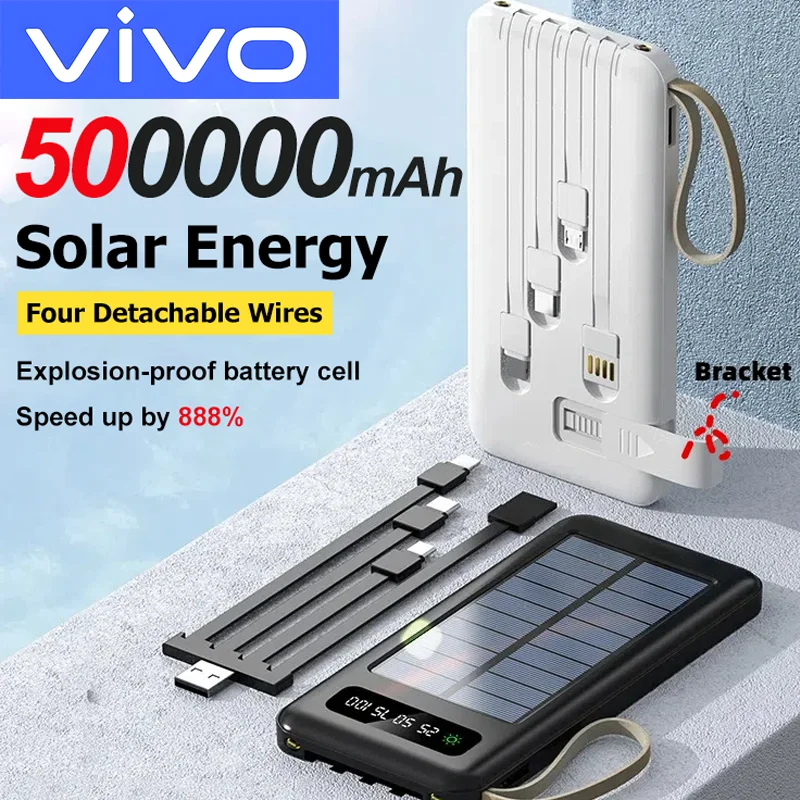 

Солнечный внешний аккумулятор VIVO 50000 мАч, мобильный аккумулятор большой емкости, быстрая зарядка, двойной USB, 4 кабеля для iPhone, Samsung