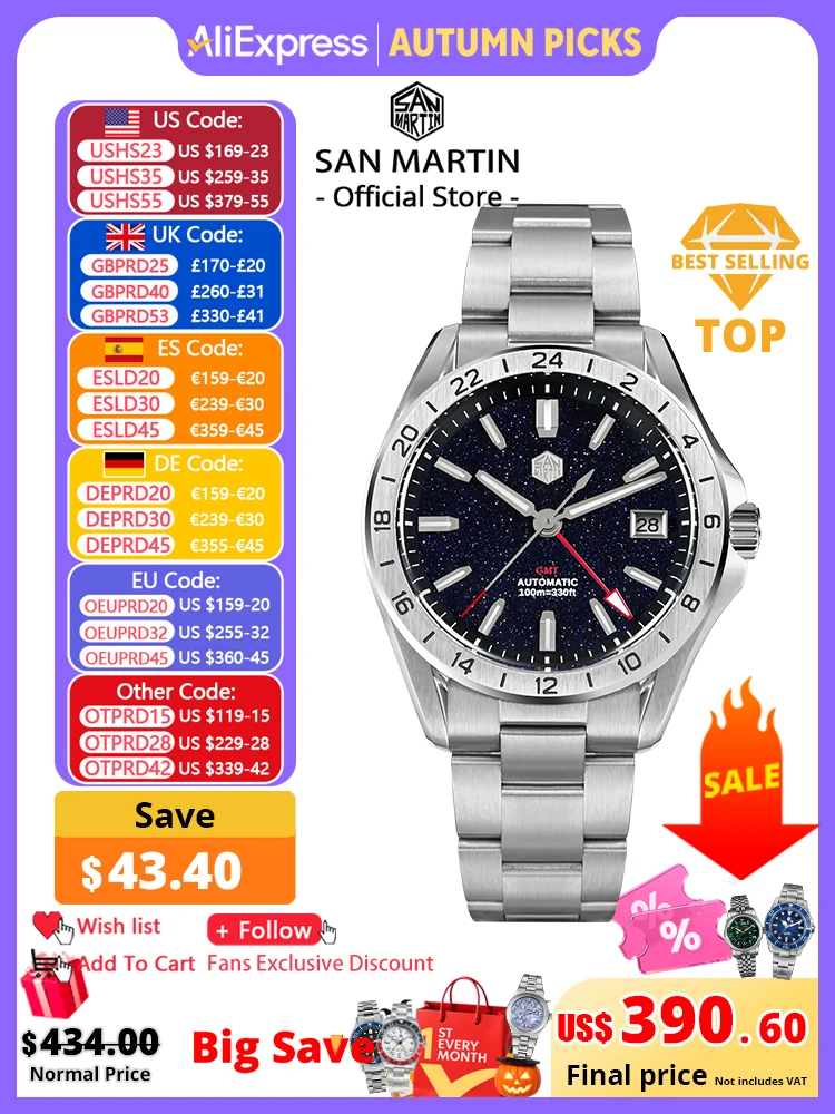 San Martin 39mm Aventurine Gemstone Dial Luxury Men's Watch NH34 GMT Automatic Mechanical Sapphire Waterproof Luminous SN0129
