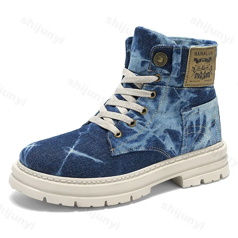 Retro-Denim-Casual-High-Top-Shorts-Stiefel mit dicken Sohlen für Herren, 2025, Herbst, britischer Stil, Mode, vielseitige, bequeme Stiefeletten