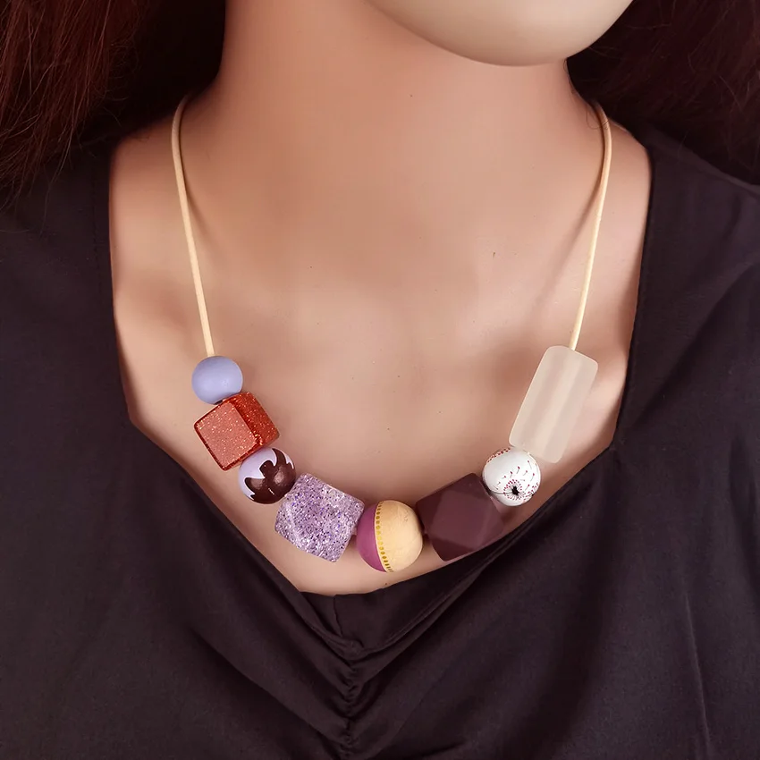 Vintage Printing Wood Beads Pendants Necklaces for Women Geometric Acrylic Bib Necklace Collar Jewelry