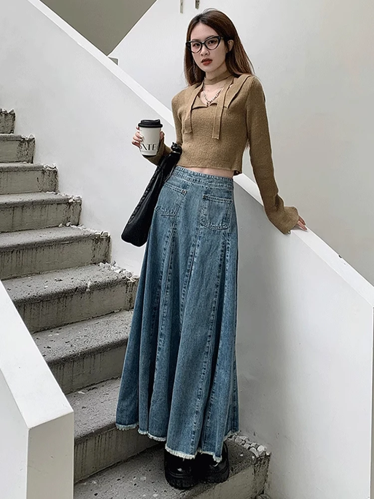 حجم كبير 2XL-6XL ريترو الأزرق المرأة الصيف كبير سوينغ الدنيم تنورة موضة عالية الخصر ألف خط التنانير الكورية فضفاضة ومتعددة الاستخدامات