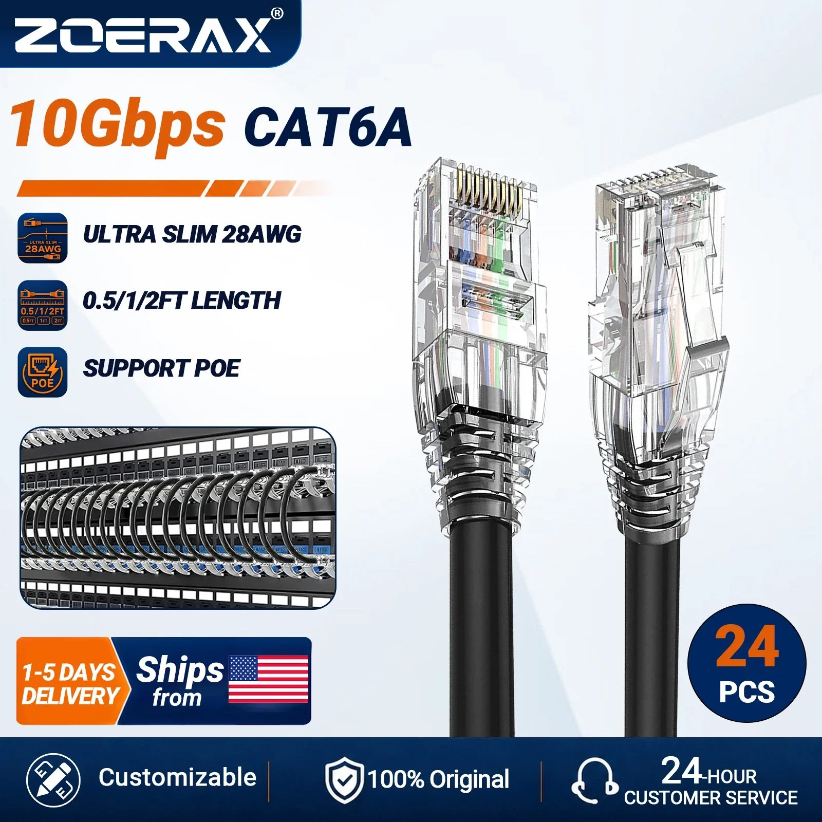 ZoeRax 24PCS RJ45 CAT6A CAT6 Ethernet Patch Cable 10Gbps PoE LAN Cable 28AWG UTP LAN Wire for Patch Panel PC TV Router Tablet