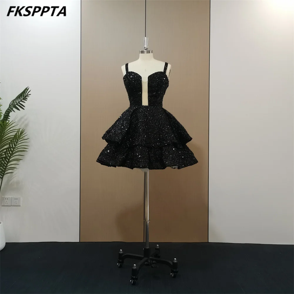 

Real 2023 Short Prom Dresses Sweetheart Backless Two Tiered Skirt Black Sequins Wedding Birthday Party Gowns Vestido De Festa