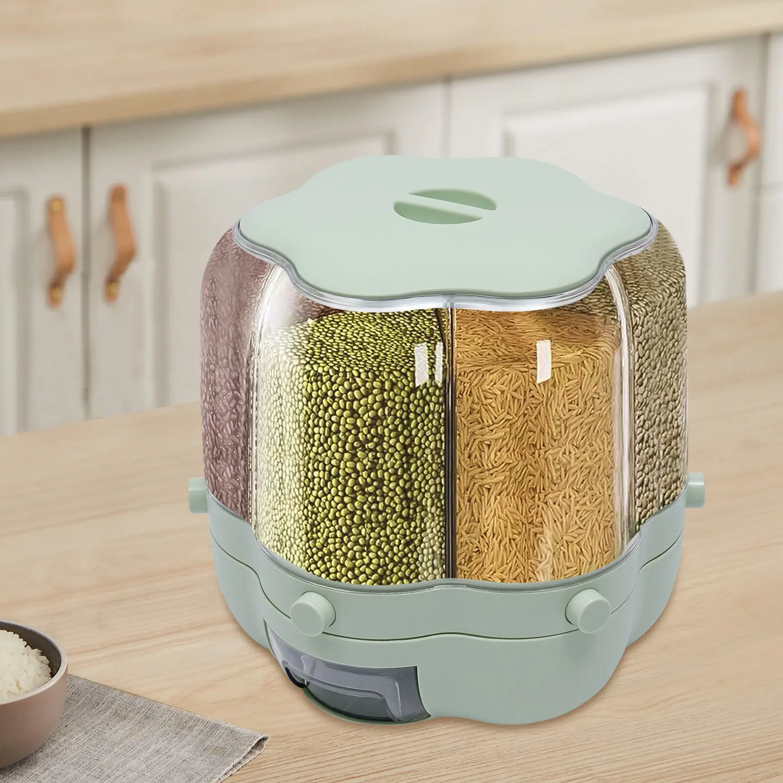 Dispensador de Cereales 6 en 1, Contenedor de Almacenamiento de Alimentos Secos, Arroz y Granos, Giratorio 360°, 8 kg