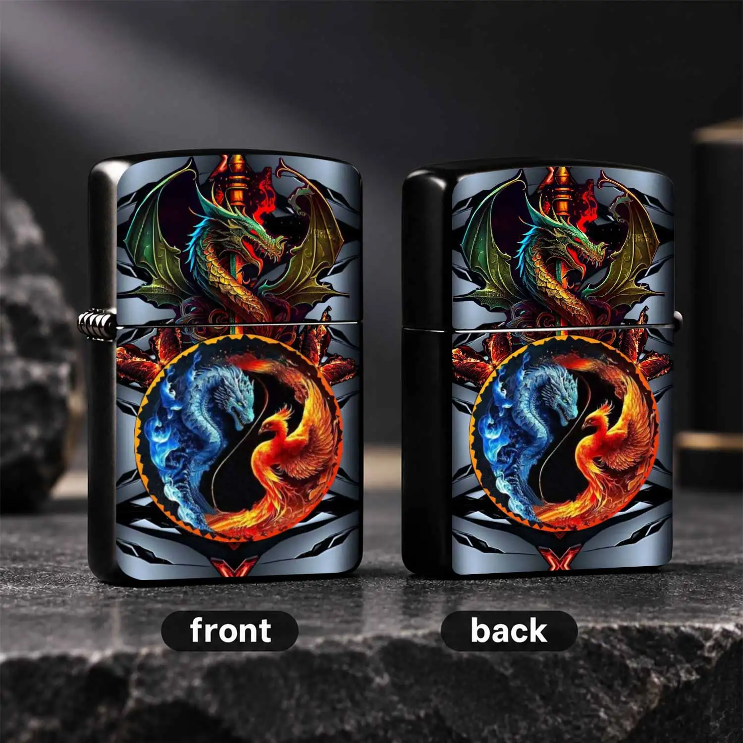 Exquisite Fantasy Dragon Phoenix Themed Lighter, Artistic Pattern Decor Portable Stylish Accessory, Ideal For Daily Carry Outdoor Activities, Gifting For Fantasy Art Lovers, Collectible Decorative Item For All Occasions A Humorous And Inter