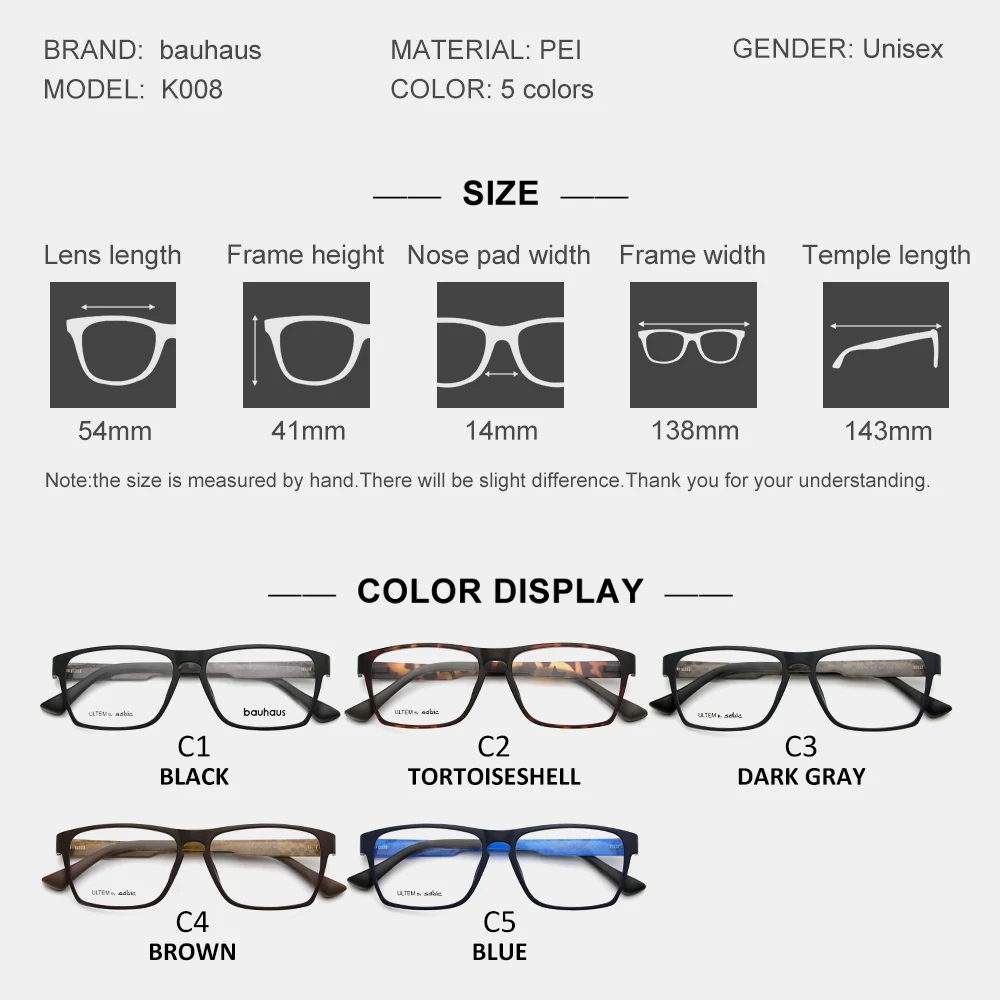 K008 Unisex Full Rim Square Ultem PEI Eyeglasses Frame Super Light Flexible Optical Spectacles For Men Women Office