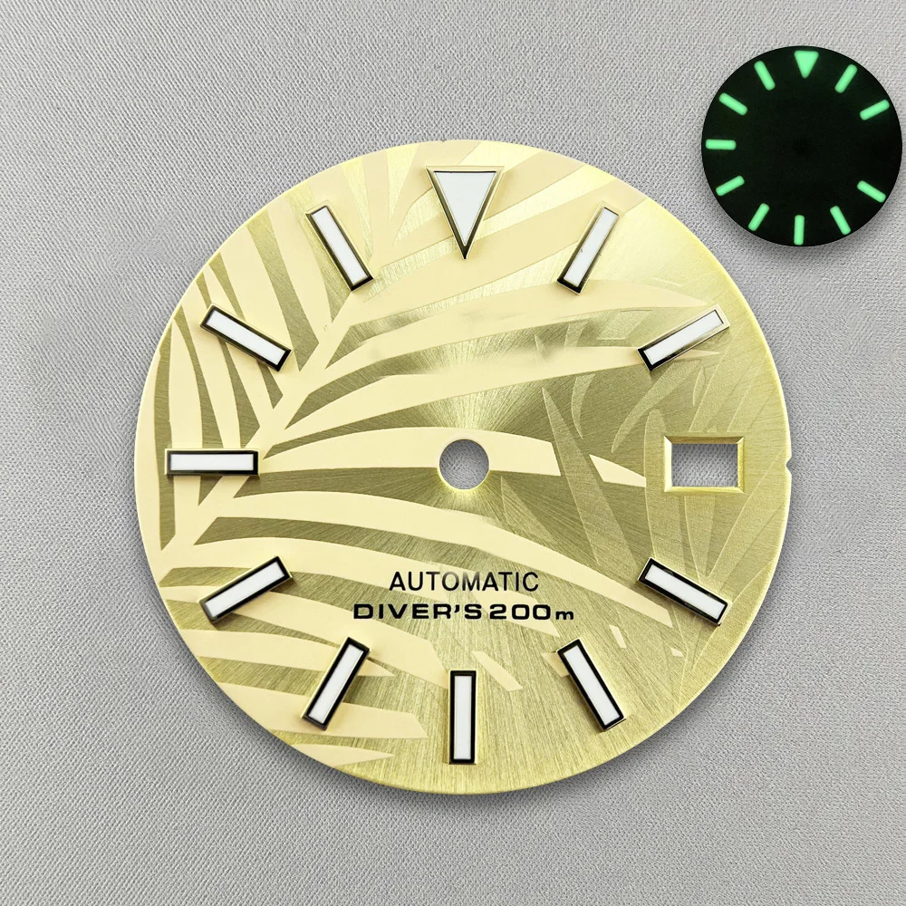 Esfera luminosa verde de hojas de bambú con logotipo S de 28,5mm, adecuada para NH35/NH36/4R/7S, accesorios de modificación de reloj de movimiento