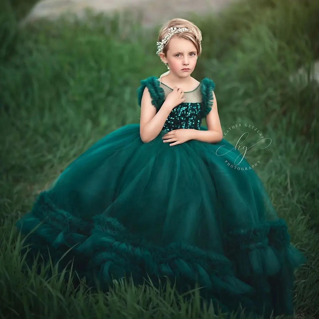 Dark Green Flower Girl Dresses Ruffles Sequined Little Baby Ball Gown First Communion Dress Tulle Birthday Gowns for Party