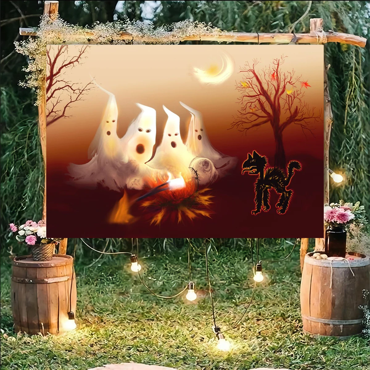 Happy Halloween Background Ghost Fire Backdrop Scared Cat Photography Family Kids Dressed Up Party Banner Festival Decoration