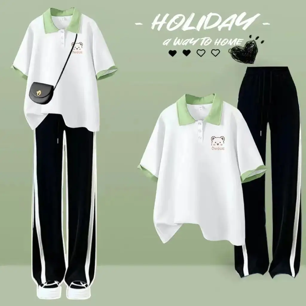 Summer 2023 College-style Suit Female Korean-style Loose Polo Collar Short-sleeved Top Casual Sports Pants Two-piece Suit