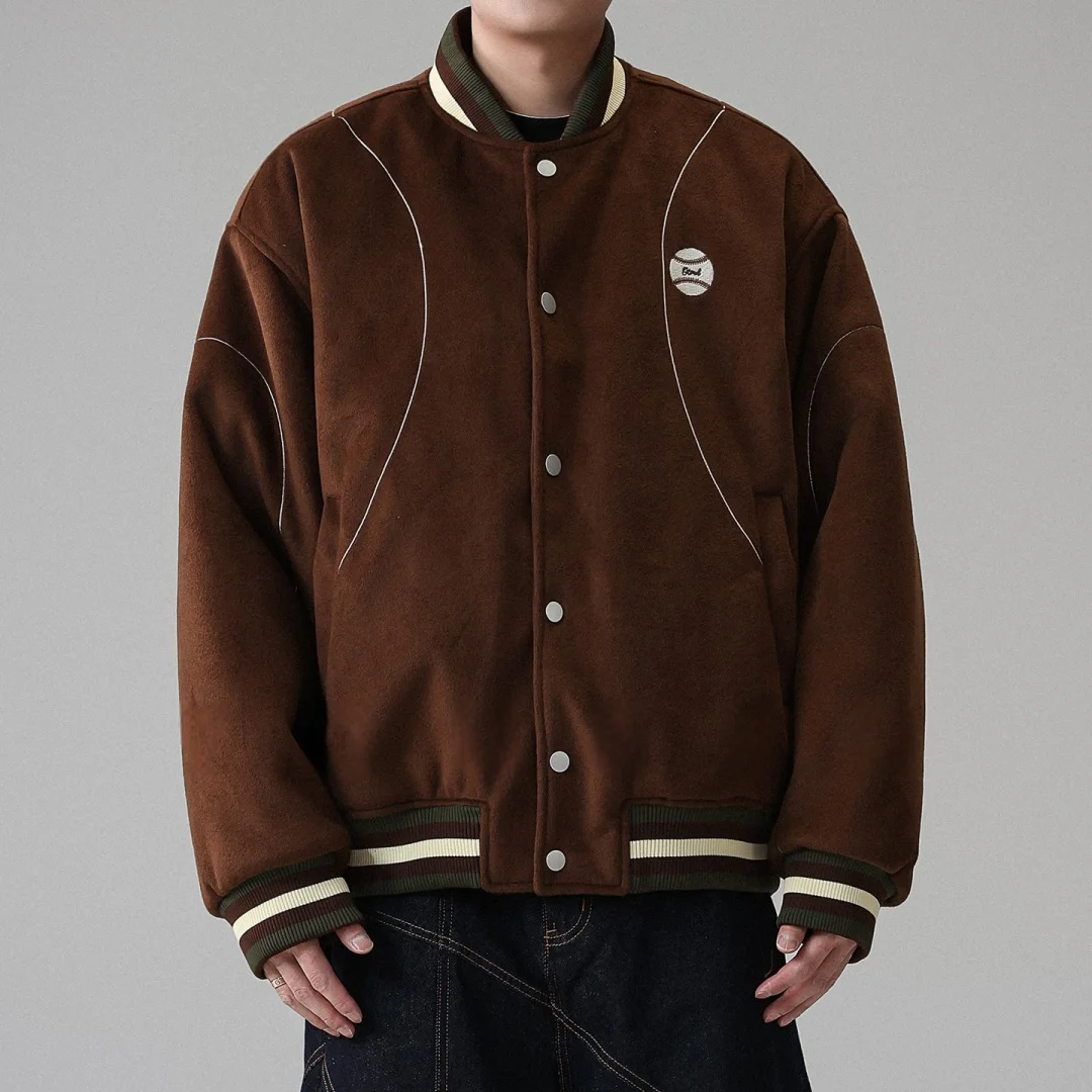 Mens American Color Block Embroidery Heavyweight Baseball Jacket Winter Parka Streetwear Outerwear Trendy High Quality Coat Male