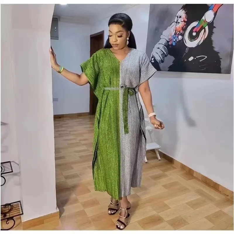 

2022 Summer Miyake Fold New Dress Fashion Color Matching V-Neck with Sleeve Belt African Elegant Dress