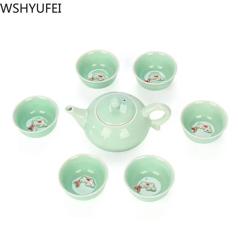 Longquan Celadon Fish Tea Set Ceramic Teapot Kettle Ceramic Tea Cup Fish Chinese Handmade Travel Tea Set Wine Set