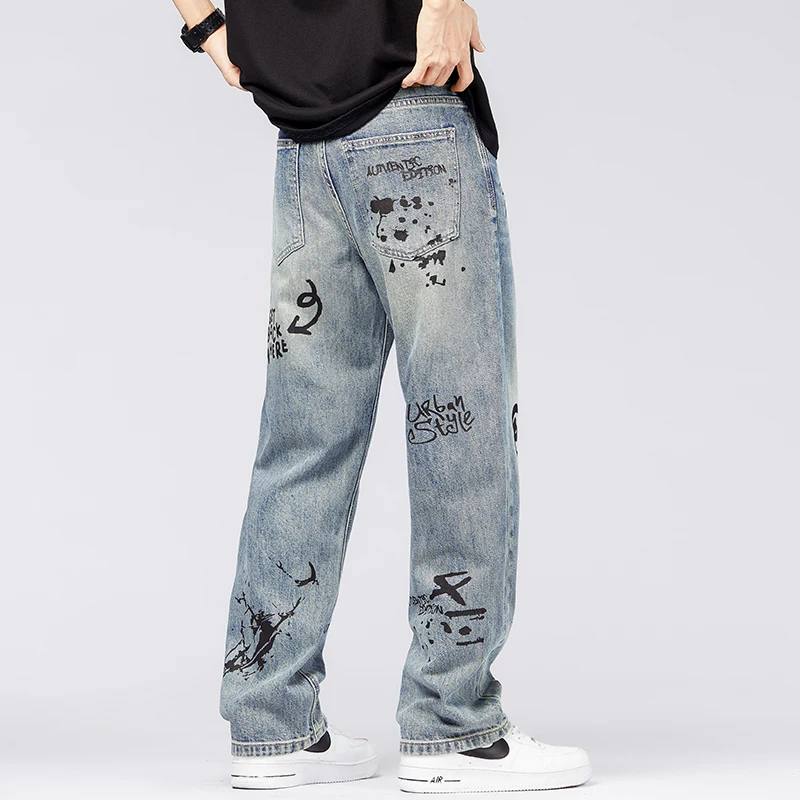 Jeans Men\'S American Fashion Trendy Brand Loose Straight  Personalized Graffiti Print Retro Nostalgic Casual Washed Denim Pants