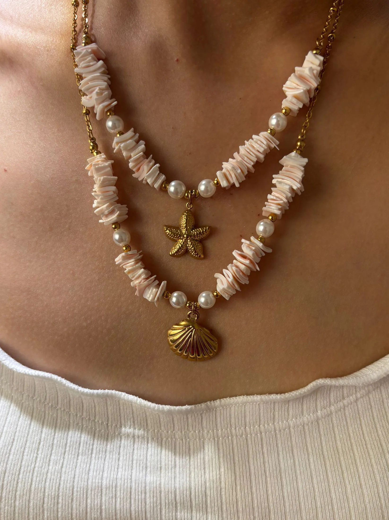 

GHIDBK Fashion Exquisite Natural Shells Imitation Pearls Necklaces for Women Stainless Steel Starfish Shell Pendant Necklace New