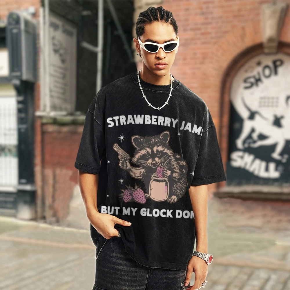 Unisex Style Oversize Loose T-Shirt Strawberry Hamster Print Washed Denim High Gram Weight Round Neck Short Sleeve