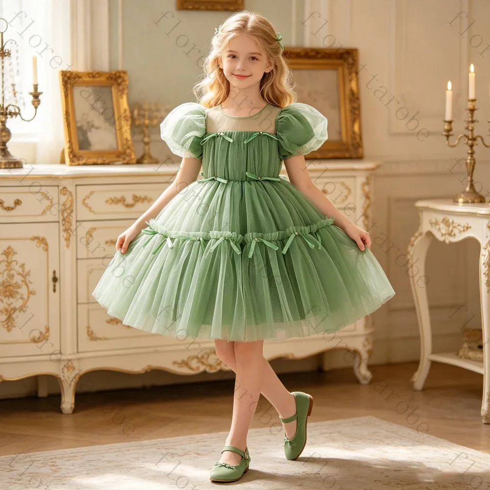 Customize Tulle Puff Sleeve Flower Girl Dress A Line Knee Length Ball Gown Birthday Party Stage Performance Costume for Kids