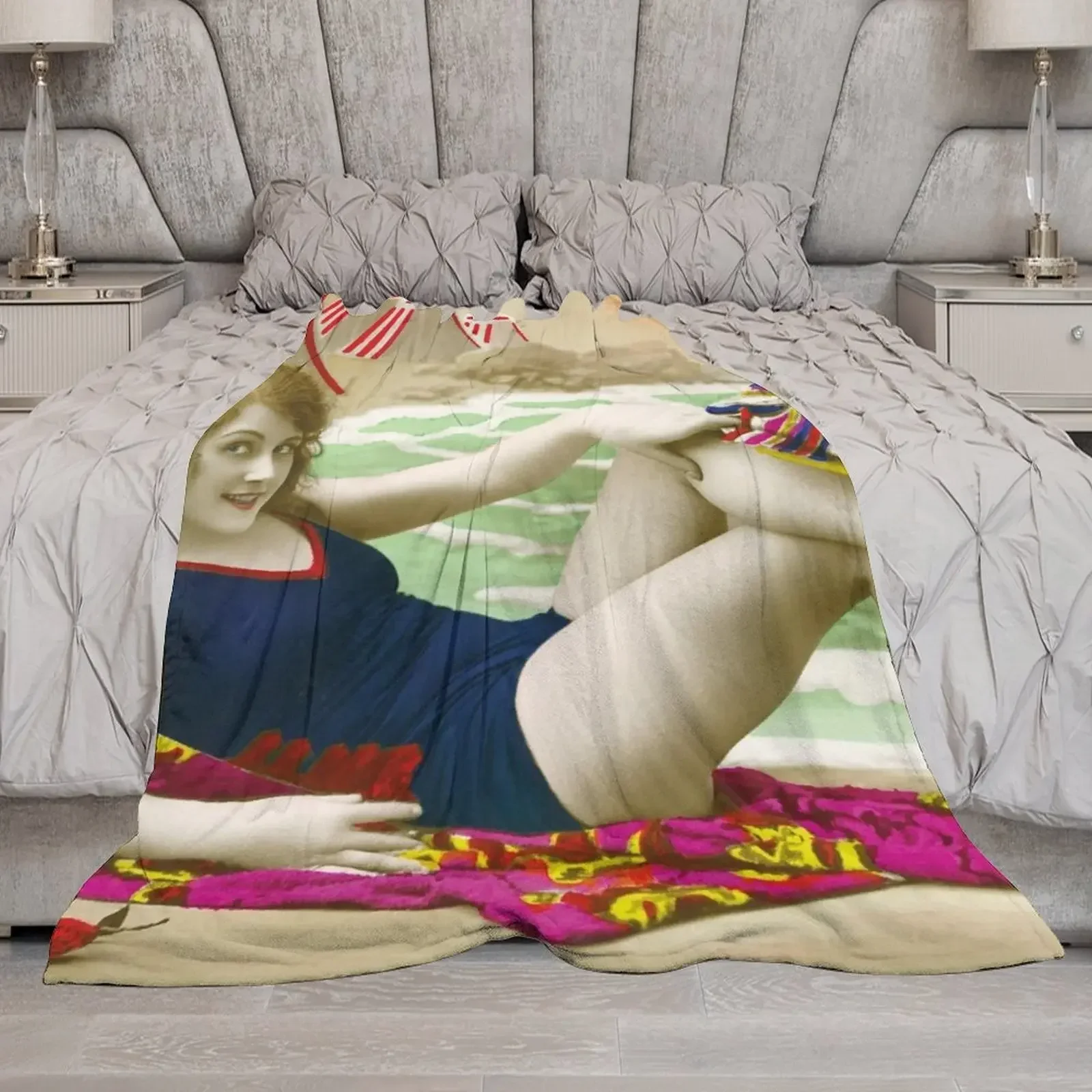 Attractive woman from the 20s on the beach Throw Blanket Bed covers Thermal Blankets