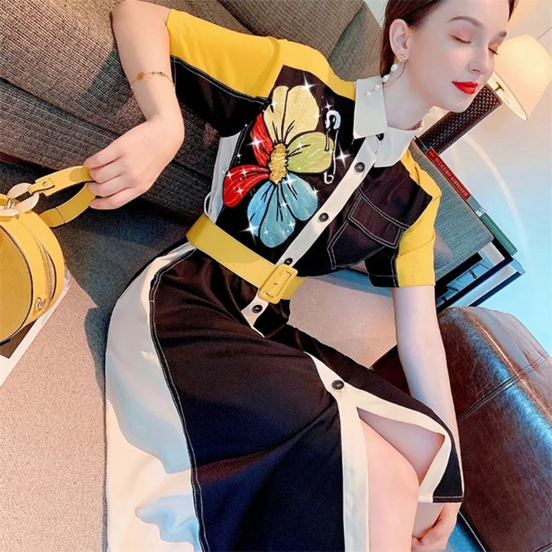 Female Embroidery Shirt And Dress.2023 Summer Women Medium Long Waist Was Slim Design Felt Like Stitching Printing Dress Coat