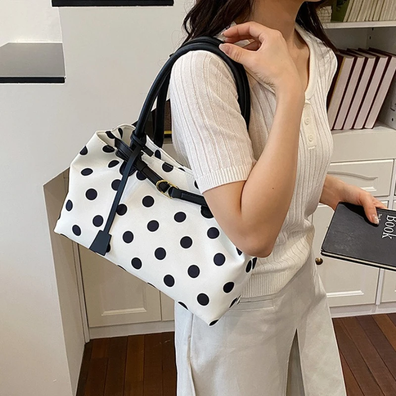 Black Polka Dot Large Tote Handbag, Stylish Leather Shoulder Bag with Adjustable Belt Decor, Spacious Bag for Commute Daily