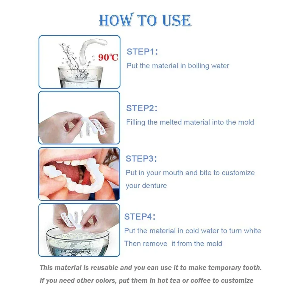 Kit de dentes de encaixe folheado, substituição temporária falsa para clareamento dental, substituição temporária de dente para homens e mulheres