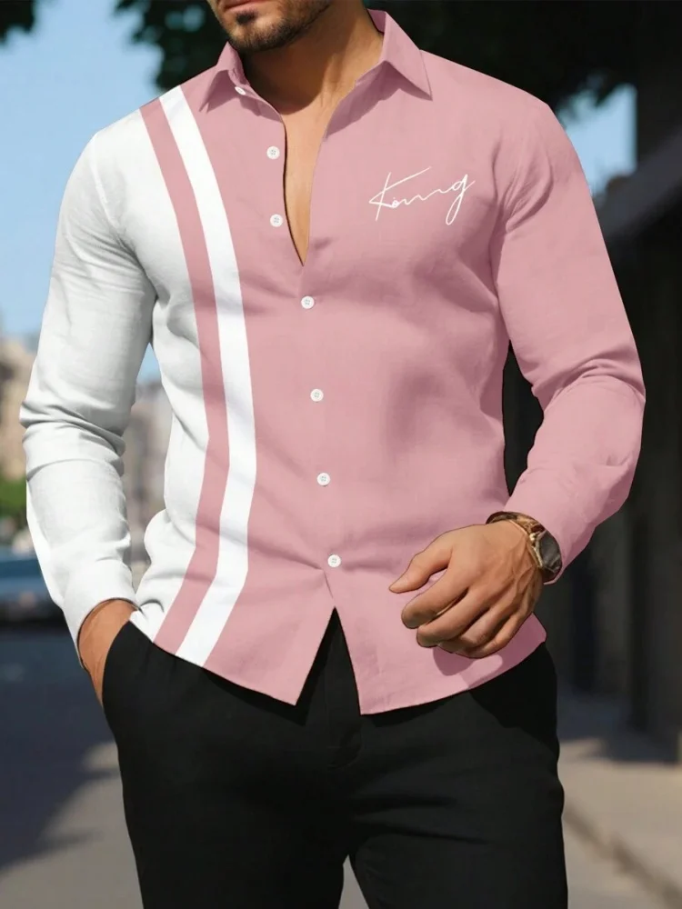 Striped Printed Men's Long-Sleeved Shirt Summer Casual Men's Single-Breasted Shirt Beach Pool Party Men's Fashionable Shirt