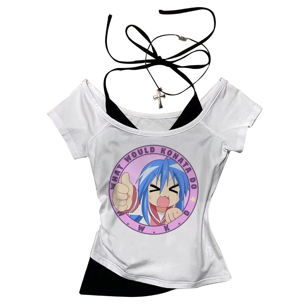 Lucky Star Otaku crop top teen cute gothic graphic 2000s japan t-shirt vintage clearance sales cute manga cutecore
