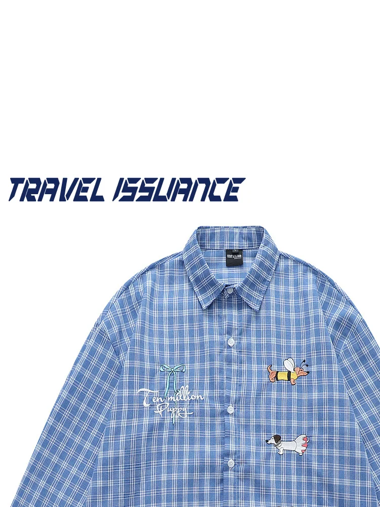 

Cute Embroidered Dog Long Sleeve Loose BF Couple Shirt Travel Issuance Breathable Cotton Polyester Blend Casual Style